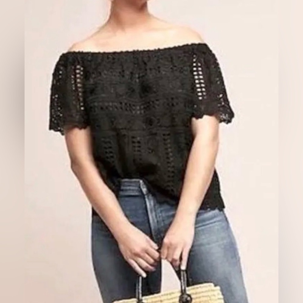 Anthropologie Sunday in Brooklyn Black Evie Eyelet Off Shoulder Top Size Small